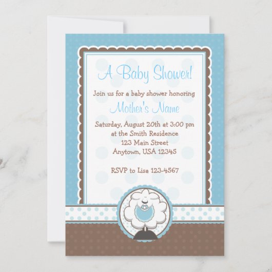 Jongen schaap blauw en bruin babyschoeisel kaart (Voorkant)