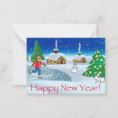 jongen schaatsen op oudejaarsavond. vrolijk kerstf notitiekaartje (Voorkant)