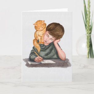 Jongen schrijven, kat op schouder, handgemaakt/ Cl Feestdagen Kaart