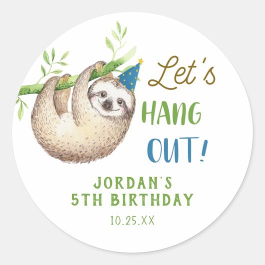 Jongen Sloth Theme Verjaardagsfeestgunsten Ronde Sticker (Voorkant)