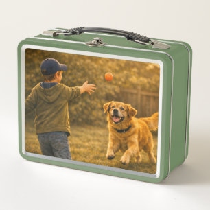 Jongen speelt met hond huisdier kunst lunchtrommel