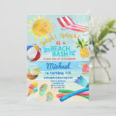 Jongen strandfeest, jongen strandbad zomeruitnodig kaart (Staand voorkant)
