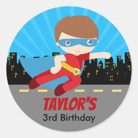 Jongen superheldStickers Kinderen van Birthday Par Ronde Sticker (Voorkant)