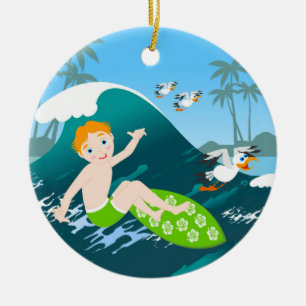 Jongen surfer heeft een verjaardagsfeestje keramisch ornament