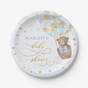 Jongen Teddy Bear Baby shower Blue Gold Stars Part Papieren Bordje