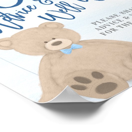 Jongen Teddy Bear Blue Balloon Baby Advice Sign Poster (Hoek)