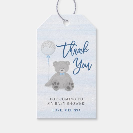 Jongen Teddy Bear Blue Grey Balonon Baby shower Cadeaulabel (Voorkant)