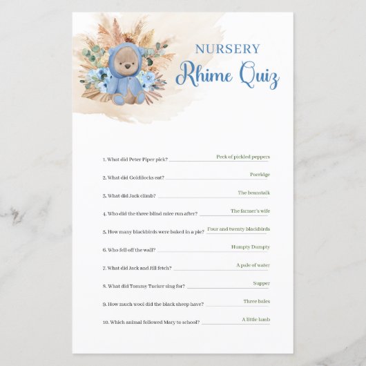 Jongen teddy bergen pampas gras Nursery Rhyme Quiz (Achterkant)