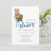 Jongen Teddy Blue Rustic Floral Baby Aankondiging (Staand voorkant)