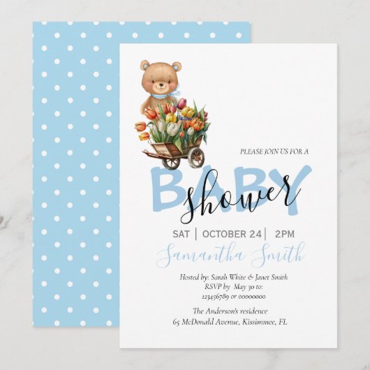 Jongen Teddy Blue Rustic Floral Baby Aankondiging (Voorkant / Achterkant)