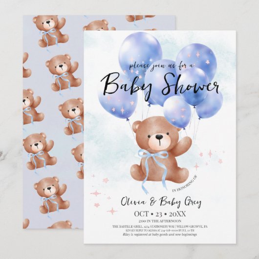 Jongen Teddybeer Baby Shower Kaart (Voorkant / Achterkant)