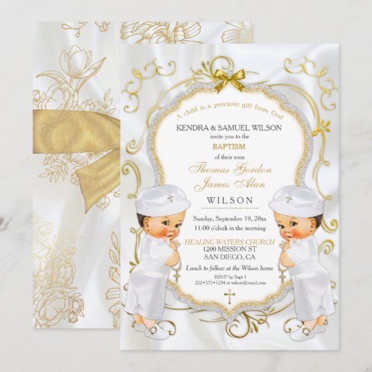Jongen tweeling doop doopsel gouden wit kruis kaart (Voorkant / Achterkant)