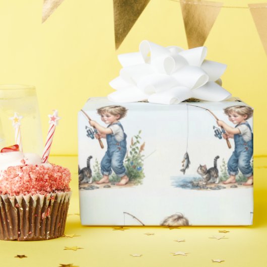 Jongen Vist met kitten Cadeaupapier (Verjaardagsfeest)
