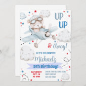 Jongen vliegtuigfeestuitnodiging, beer vliegtuigve kaart (Voorkant / Achterkant)