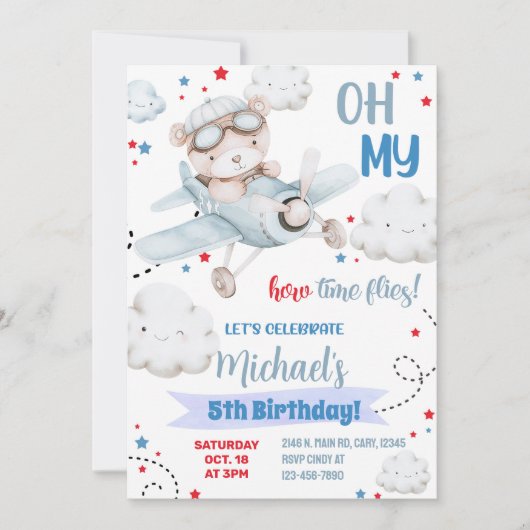 Jongen vliegtuigfeestuitnodiging, beer vliegtuigve kaart (Voorkant)