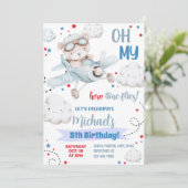 Jongen vliegtuigfeestuitnodiging, beer vliegtuigve kaart (Staand voorkant)