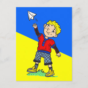 Jongen vliegvliegtuig briefkaart