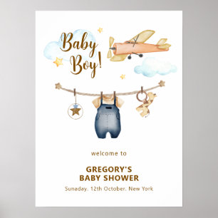 Jongen Waslijn Vliegtuig Lucht Baby Shower Welkom Poster