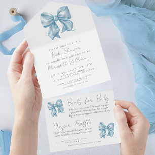 Jongen Waterverf Lint Blauwe Strik Baby Shower All In One Uitnodiging