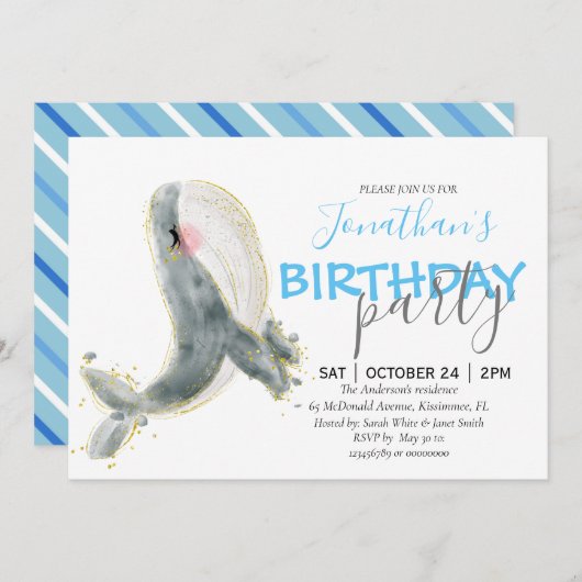 Jongen Whale Birthday Invitation Aankondiging (Voorkant / Achterkant)