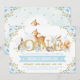 Jongen Woodland Animals Blue Gold Floral 1 septemb Kaart