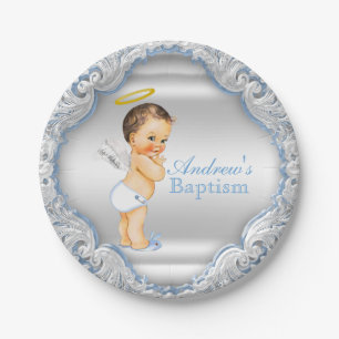 Jongen Zilver Blauwe Engel Doop Papieren Bordje