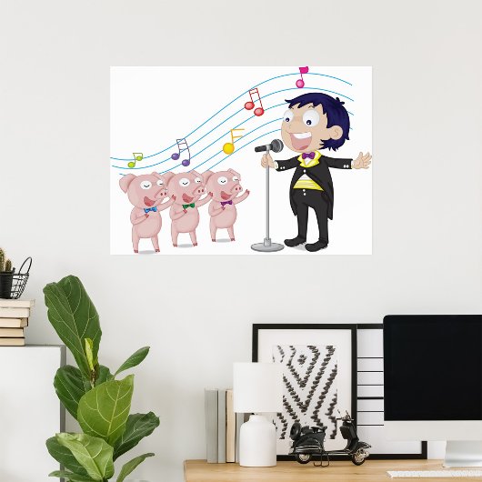 Jongen zingt met drie varkens koor poster