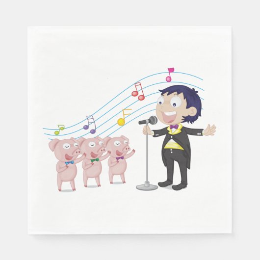 Jongen zingt met drie varkens koor servet (Voorkant)