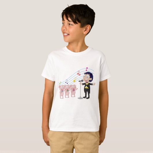 Jongen zingt met drie varkens koor t-shirt (Voorkant volledig)