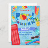 Jongen zwembad-feestdag uitnodiging, pooluitnodigi kaart (Voorkant / Achterkant)