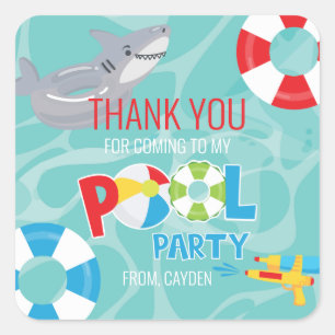 Jongen zwembadfeest verjaardag haai dank je favori vierkante sticker