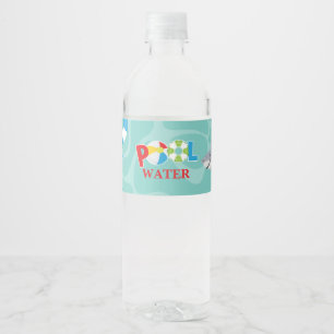Jongen zwembadfeest verjaardag haai vlot waterfles etiket