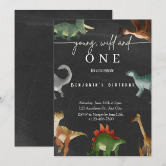 Jongen's 1e verjaardag uitnodiging schattig dinosa