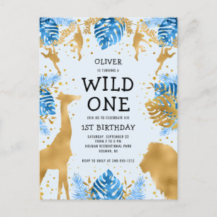 Jongens 1e verjaardagsfeestje Blauwe Jungle Safari Uitnodiging Briefkaart
