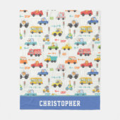 Jongens auto's met roltrap met naam fleece deken (Voorkant)