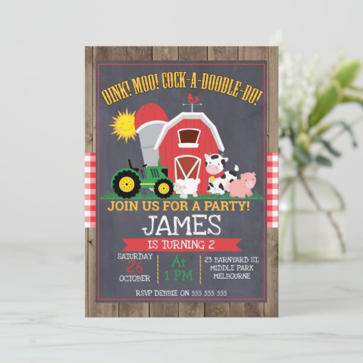 Jongens Barnyard Chalkboard Verjaardag Uitnodiging (Staand voorkant)