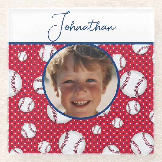 Jongens Baseball Rood Wit Blauw Aangepaste Foto w  Glazen Onderzetter (Voorkant)