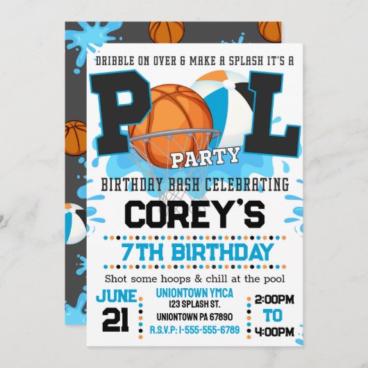 Jongens Basketbal Pool Party Uitnodiging (Voorkant / Achterkant)