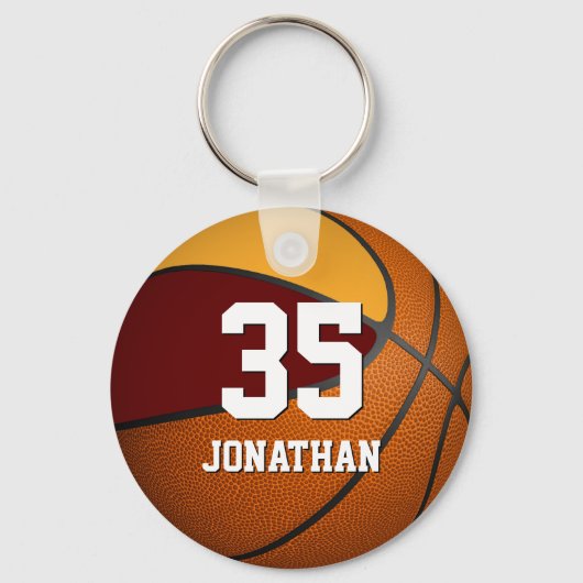 jongens basketbalmaroon en gouden teamkleuren sleutelhanger (Voorkant)