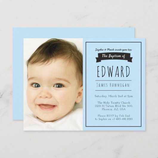 Jongens blauw eenvoudig, doop uitnodiging (Voorkant / Achterkant)