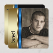 Jongens blauw en goud foto afstuderen aankondiging (Voorkant / Achterkant)