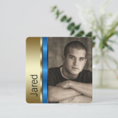 Jongens blauw en goud foto afstuderen aankondiging (Staand voorkant)