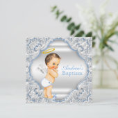 Jongens blauw witte engel jongen baby doop kaart (Staand voorkant)