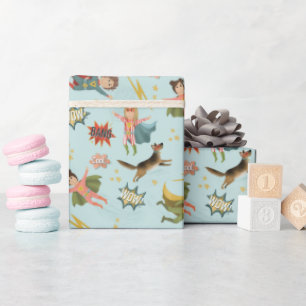 Jongens Blauwe Actie Superheld Kids Verjaardag Cadeaupapier