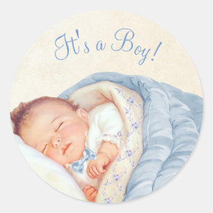 Jongens Blauwe Vintage Baby Shower Ronde Sticker