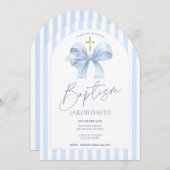 Jongens Blue Bow en Stripe Arch Doop Uitnodiging (Voorkant / Achterkant)