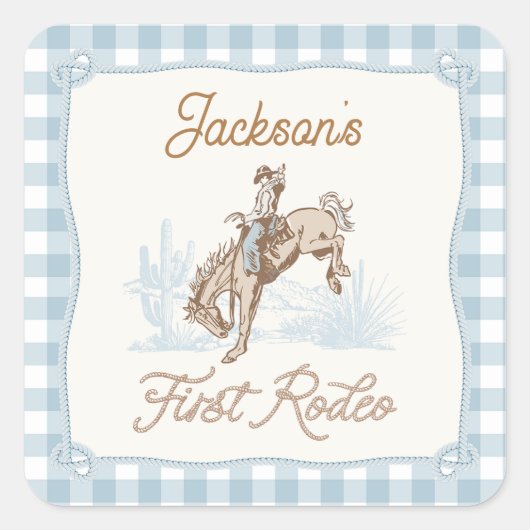 Jongens Blue Plaid Cowboy 1st Rodeo Vierkante Sticker (Voorkant)