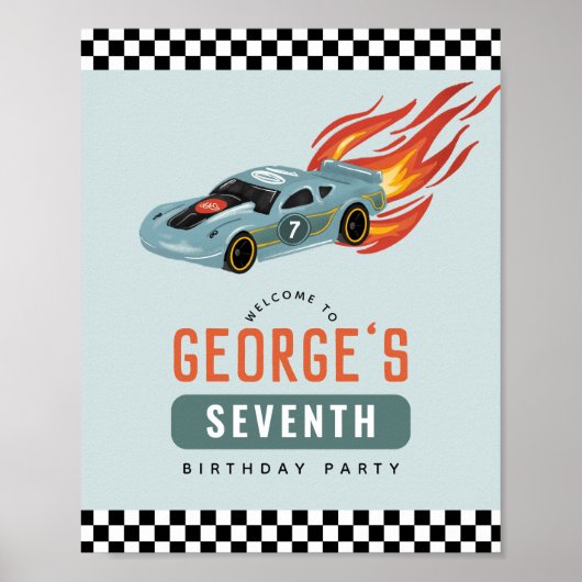 Jongens Blue Racing Car Kids Verjaardag Welkom Tek Poster (Voorkant)