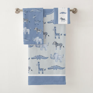 Jongen's Blue Safari Animal Pattern & Name Kinder Bad Handdoek