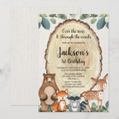 Jongens bosdieren eerste 1e verjaardagsfeestje kaart (Voorkant / Achterkant)